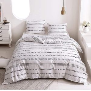 Boho White Duvet Cover Sets Twin Size, 100% Cotton Black Striped Bohemian Beddin